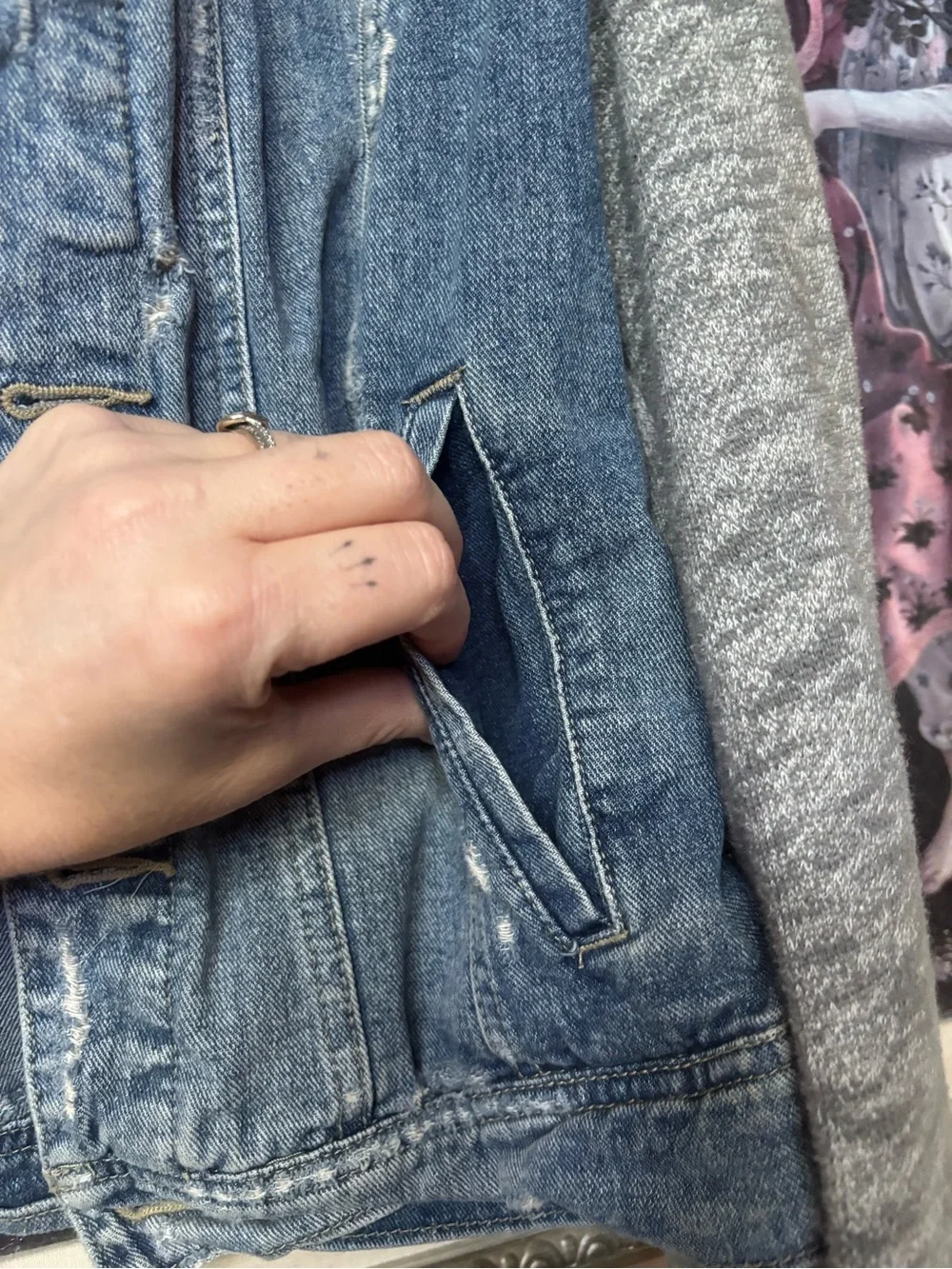 Free People denim jacket with knit hoodie in blue and gray - Picture 6 of 11